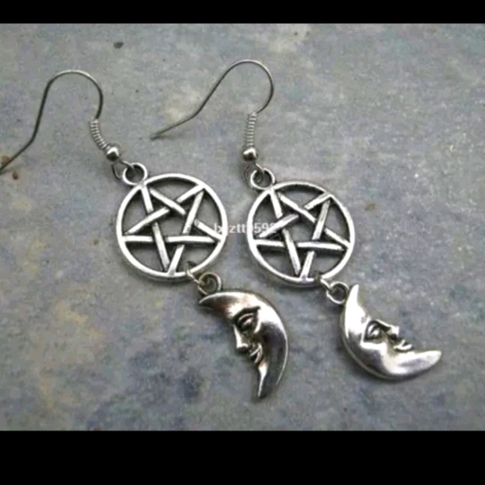 Pentacle Crescent Moon Face Earrings